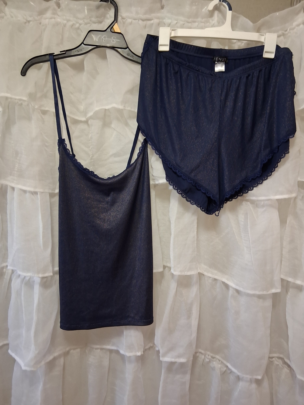 VENUS Denim Blue and Gold Shimmer Cami & Lace-Trim Shorts Sleep Set